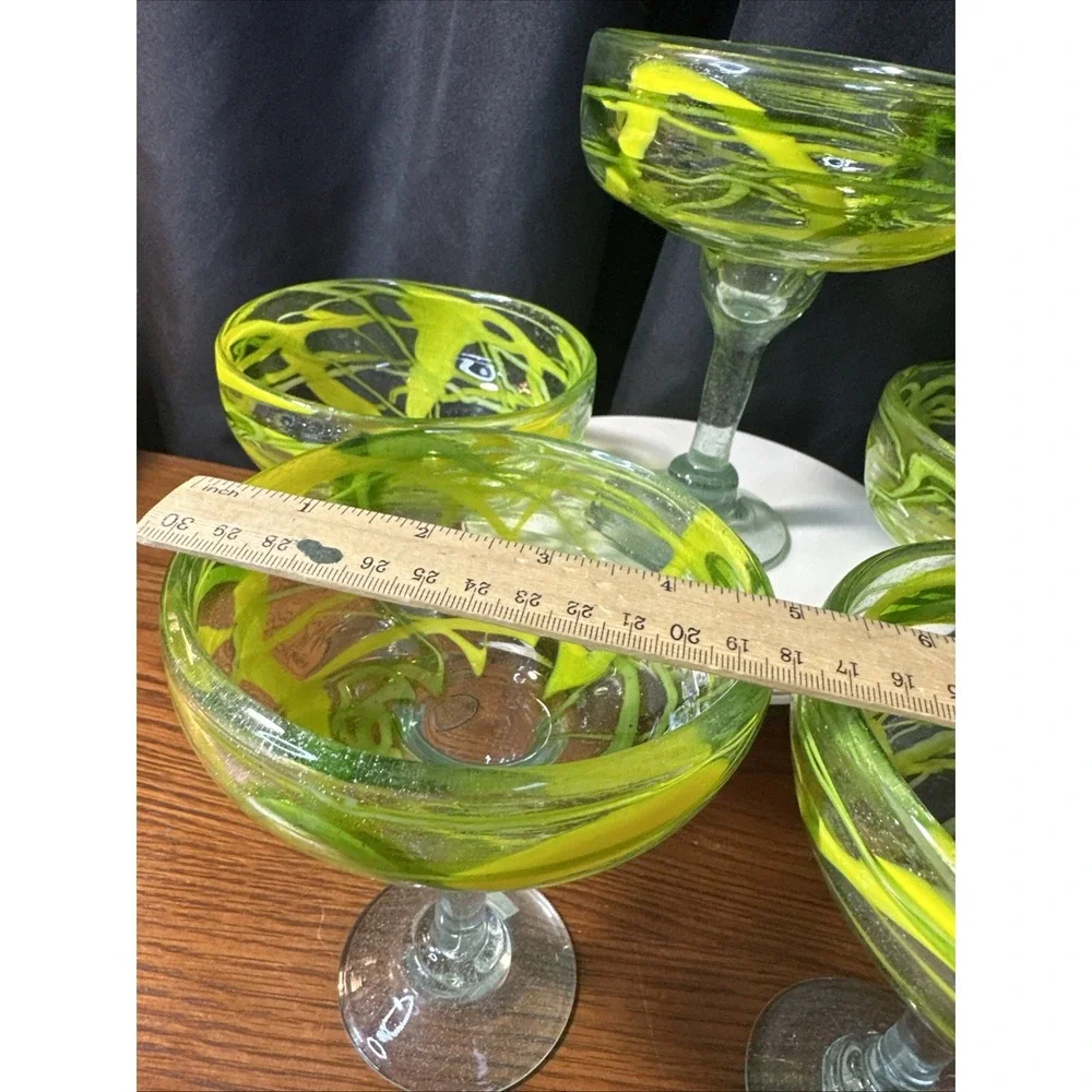 4 Margarita Glasses Hand Blown Recycled Mexican Yellow & Green Drizzle 6.5 